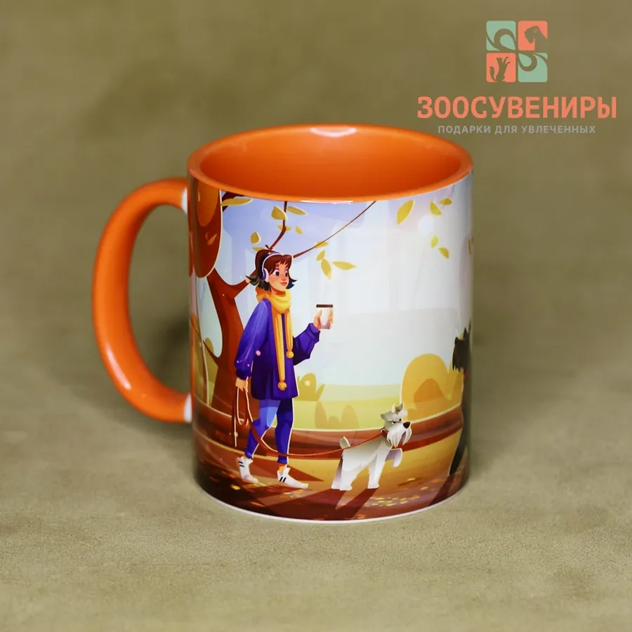 Керамическая кружка «Романтическая встреча» с осенним рисунком и оранжевой ручкой